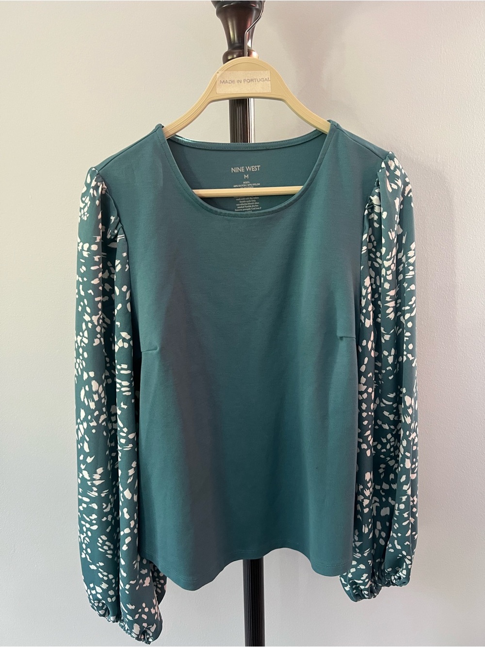 Nine West Teal Long-Sleeve Top with Printed Puff Sleeves